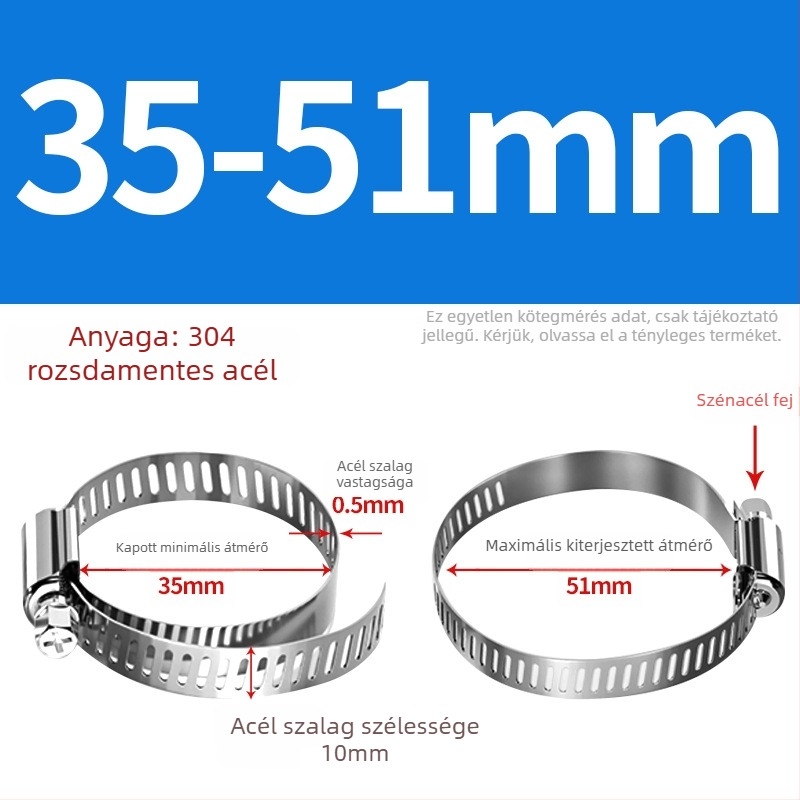 201 rozsdamentes acél tömlő- és csőbilincs, alkalmas víz- és gázvezetékekhez, erős, méret-tartomány 10–130 mm