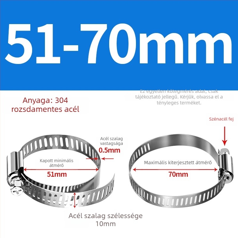 201 rozsdamentes acél tömlő- és csőbilincs, alkalmas víz- és gázvezetékekhez, erős, méret-tartomány 10–130 mm