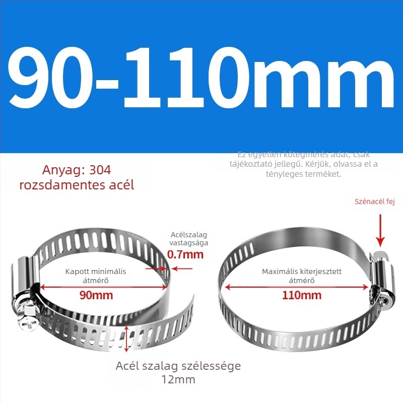 201 rozsdamentes acél tömlő- és csőbilincs, alkalmas víz- és gázvezetékekhez, erős, méret-tartomány 10–130 mm