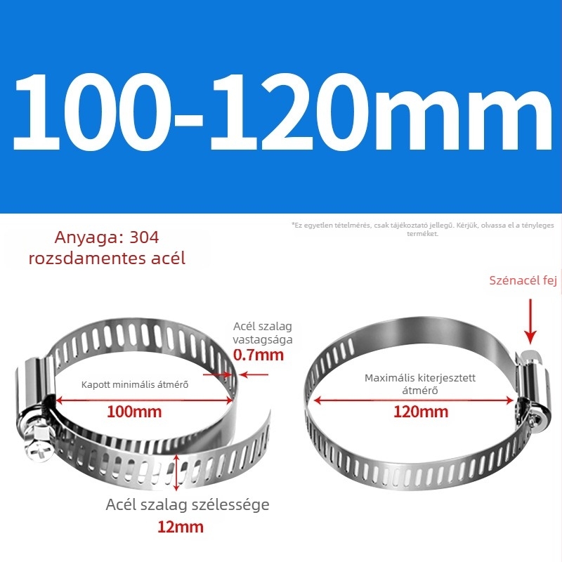 201 rozsdamentes acél tömlő- és csőbilincs, alkalmas víz- és gázvezetékekhez, erős, méret-tartomány 10–130 mm