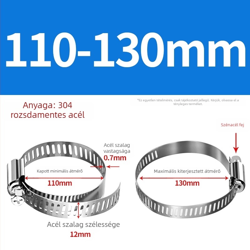 201 rozsdamentes acél tömlő- és csőbilincs, alkalmas víz- és gázvezetékekhez, erős, méret-tartomány 10–130 mm