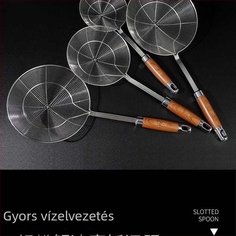 Rozsdamentes acélból készült szűrőkanál imitatív rózsafa fogantyúval, dupla körös drótos hálóval, háztartási használatra, ideális tésztákhoz, gombócokhoz és wontonokhoz, leszívó funkcióval