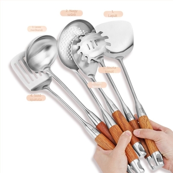 CCKO 304 rozsdamentes acél spatula- és kanálkészlet, 7 darabos konyhai eszköz, rózsafa fogantyúval, égési sérülések elleni védelem