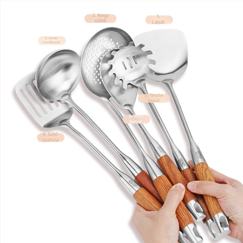 CCKO 304 rozsdamentes acél spatula- és kanálkészlet, 7 darabos konyhai eszköz, rózsafa fogantyúval, égési sérülések elleni védelem