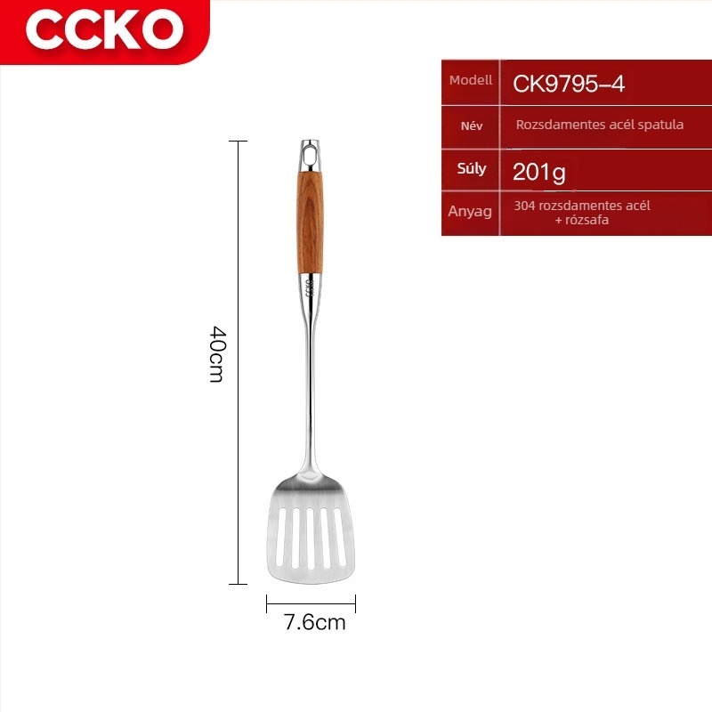 CCKO 304 rozsdamentes acél spatula- és kanálkészlet, 7 darabos konyhai eszköz, rózsafa fogantyúval, égési sérülések elleni védelem