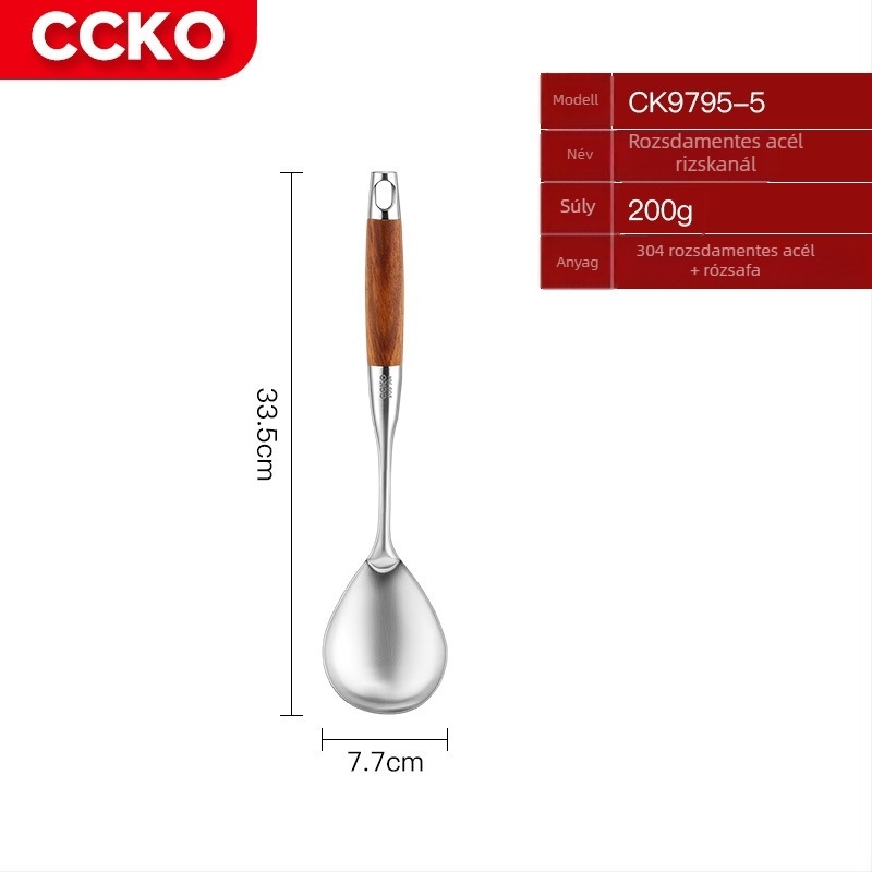 CCKO 304 rozsdamentes acél spatula- és kanálkészlet, 7 darabos konyhai eszköz, rózsafa fogantyúval, égési sérülések elleni védelem