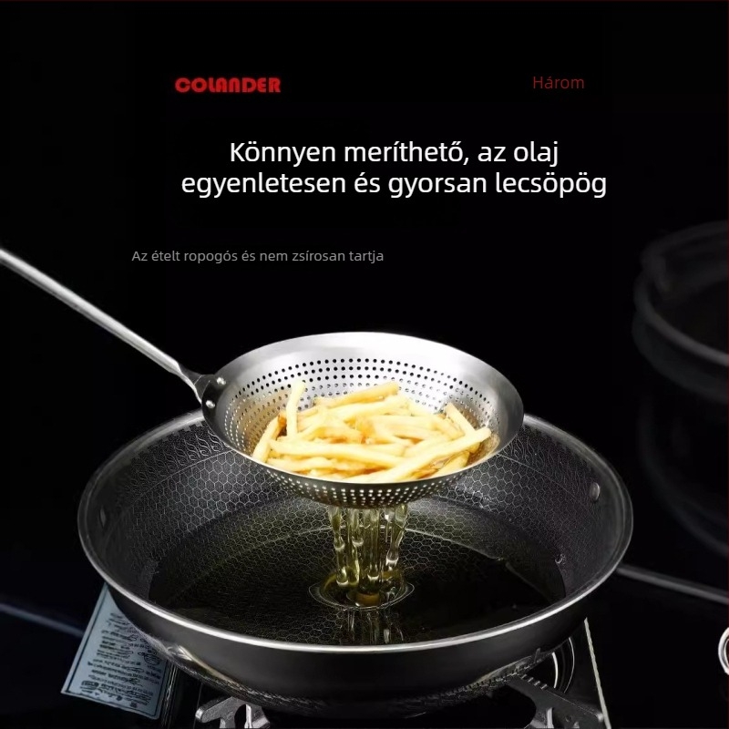 Rozsdamentes acél nagy merítőkanál, élelmiszer-minőségű, egytömbös kialakítás, ideális gombócok és tészta számára, sütéshez és leszűréshez