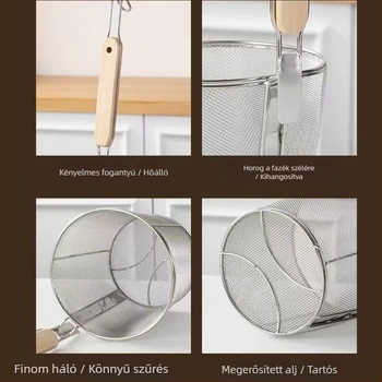Rozsdamentes acélból készült Malatang szűrőcolander, tészta kosár és olajkosár, szűrő, csúszásmentes fogantyú, dupla kampó, hőálló