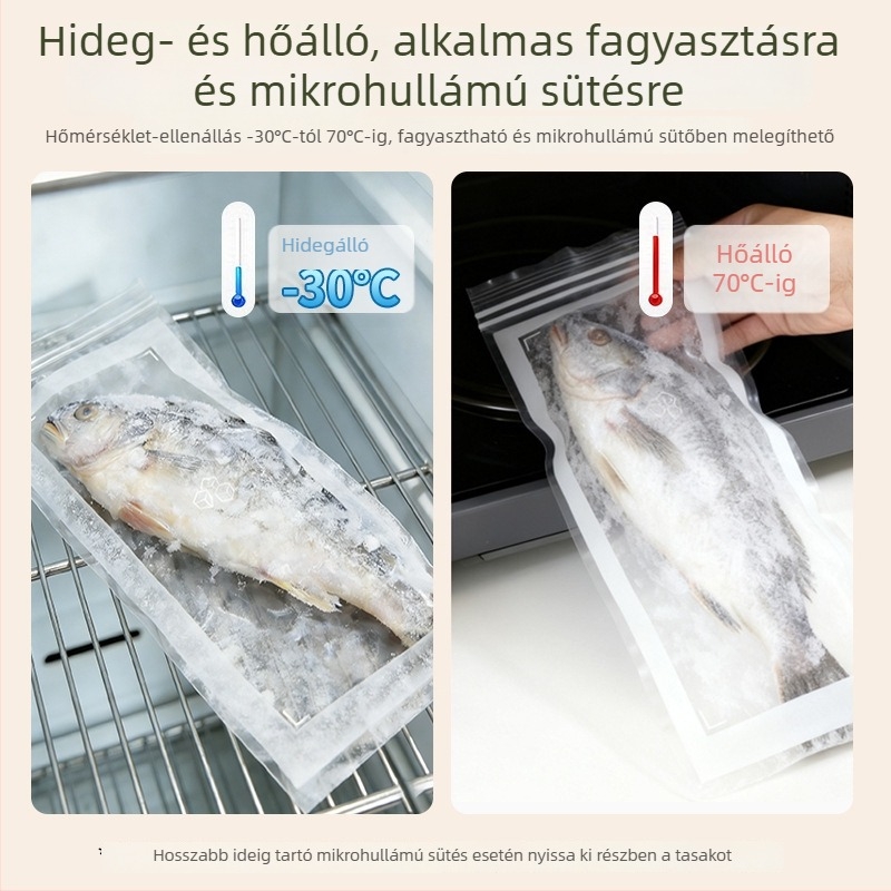 Hosszú dupla bordázat, vastagított zárható élelmiszer-minőségű zacskó háztartási konyhához és hűtőben történő adagoláshoz