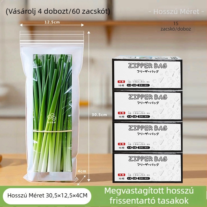 Hosszú dupla bordázat, vastagított zárható élelmiszer-minőségű zacskó háztartási konyhához és hűtőben történő adagoláshoz