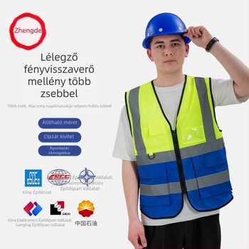 Lélegző hálós anyagból készült fényvisszaverő munkavédelmi mellény, kétszínű blokk dizájn, építkezési területre szóló ruházat, fluoreszkáló fényvisszaverődés