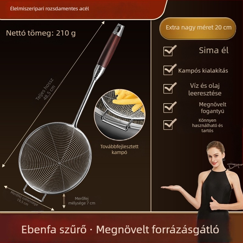 Hosszú nyelű, rozsdamentes acél fritőszűrő tészta, gombóc és hot pot számára – élelmiszer-minőségű konyhai szűrő
