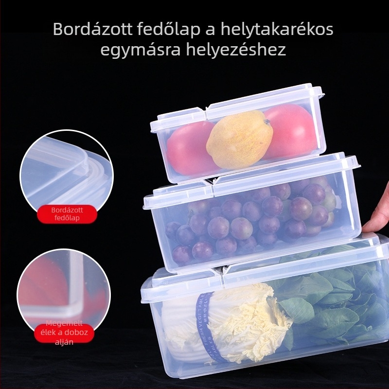 Nyitható, téglalap alakú élelmiszer-minőségű hűtőtároló doboz, átlátszó műanyag, gyümölcsök tárolására