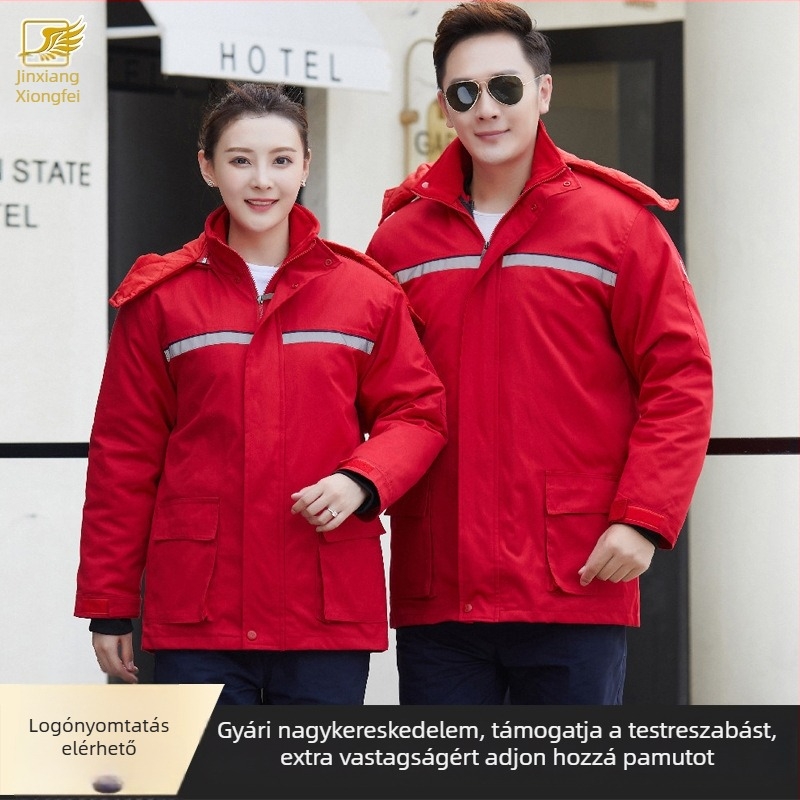 Pamut munka kabát tavasz-őszre fényvisszaverő csíkokkal, logó nyomtatás és hímzés opcióival, gyárak műhelyei és benzinkutak számára