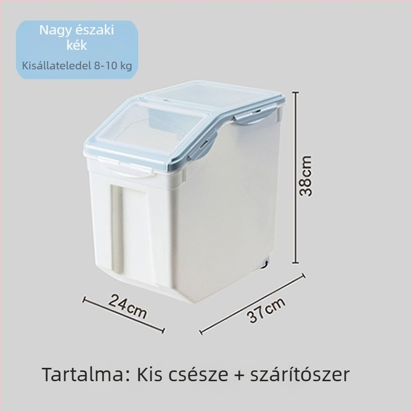 Nagy kapacitású tárolóedény kutya- és macskatáp számára – műanyag tartály nedvességvédett zárással és dupla tömítéssel