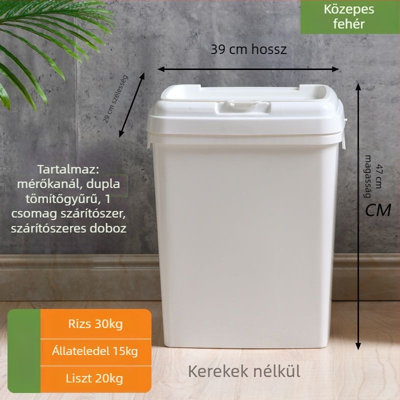 Nagy kapacitású tárolóedény kutya- és macskatáp számára – műanyag tartály nedvességvédett zárással és dupla tömítéssel