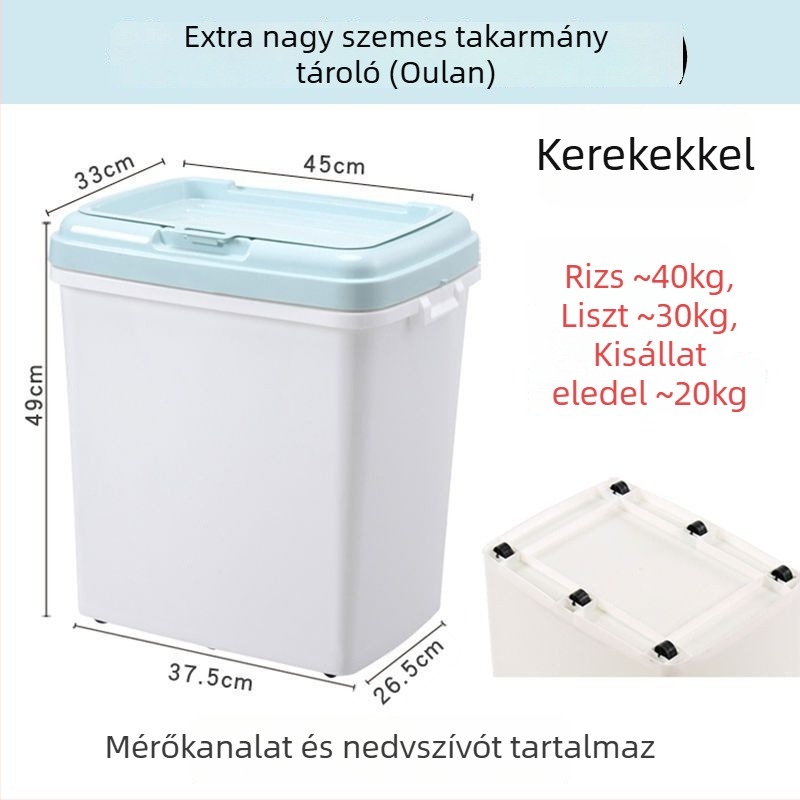 Nagy kapacitású tárolóedény kutya- és macskatáp számára – műanyag tartály nedvességvédett zárással és dupla tömítéssel