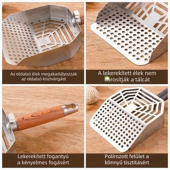 Rozsdamentes acél macskaalomkanál, nagy méretű, fin lyukú kialakítással, tofu-alomhoz és kevert alomhoz