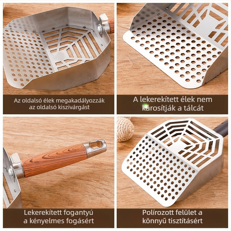 Rozsdamentes acél macskaalomkanál, nagy méretű, fin lyukú kialakítással, tofu-alomhoz és kevert alomhoz