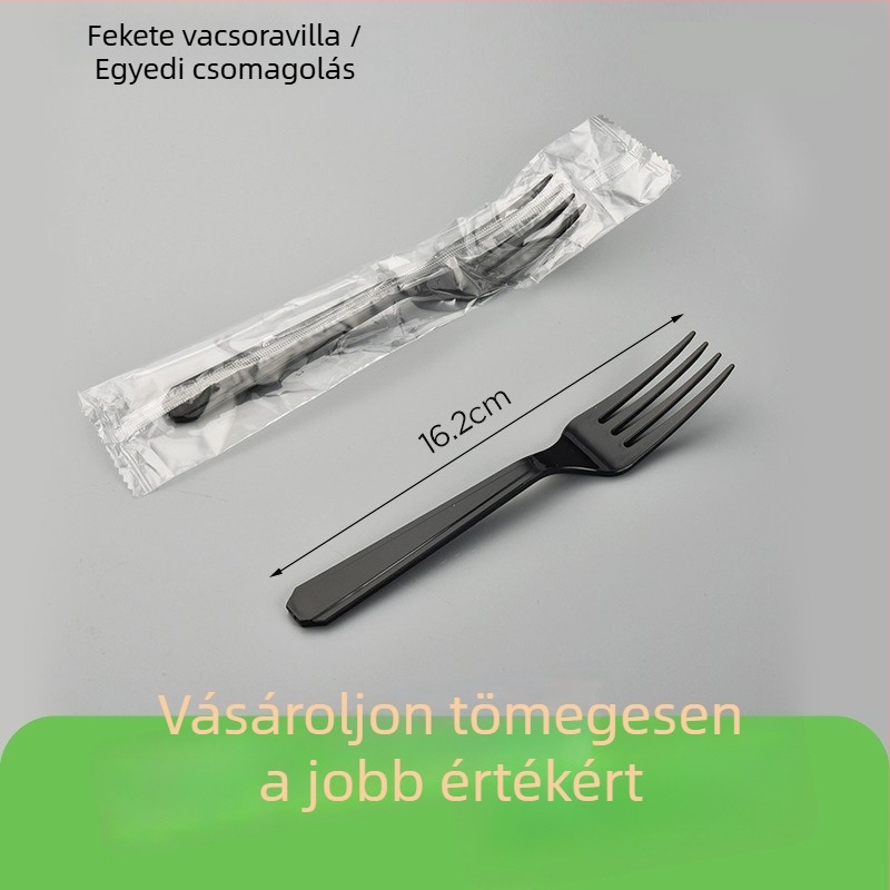 Fekete műanyag egyszer használatos evőeszközök készlet, kés, villa és kanál, nyugati ételekhez, elvitelre, 1000 darab