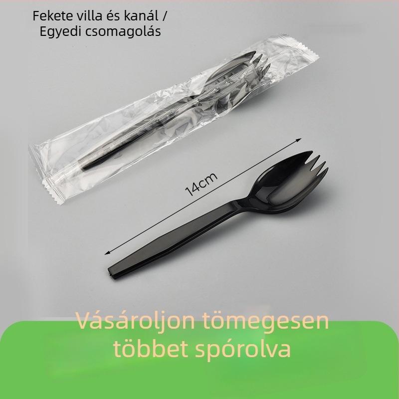 Fekete műanyag egyszer használatos evőeszközök készlet, kés, villa és kanál, nyugati ételekhez, elvitelre, 1000 darab