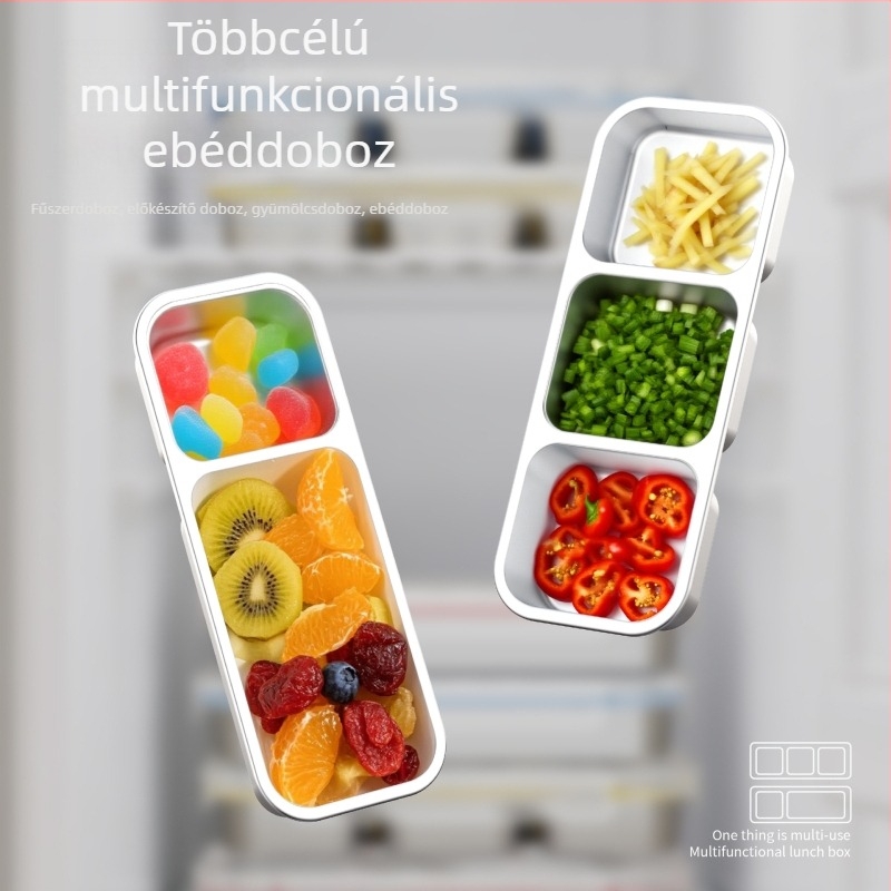 304 rozsdamentes acél ebédes doboz megosztott rekeszekkel, zárható fedél, porciózott tárolás, megőrzi a frissességet, mikrohullámú sütőben használható
