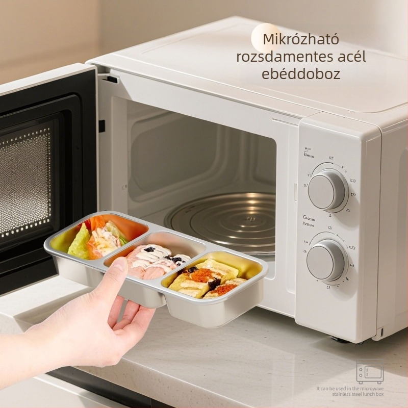 304 rozsdamentes acél ebédes doboz megosztott rekeszekkel, zárható fedél, porciózott tárolás, megőrzi a frissességet, mikrohullámú sütőben használható