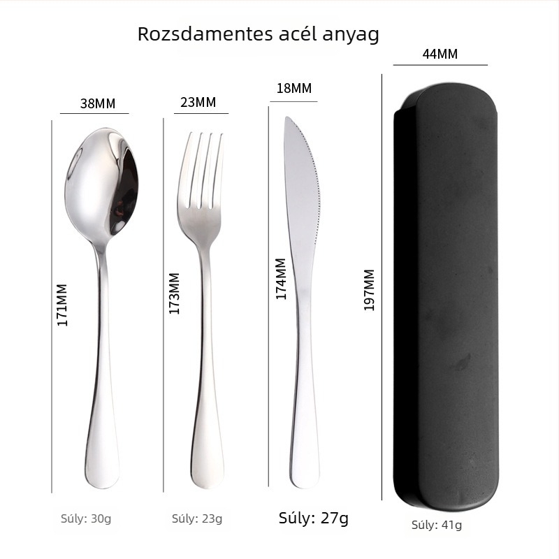 304 rozsdamentes acél étkészlet, nyugati stílusú kés, villa és kanál, három darabos készlet kényelmes tárolóval, diákok számára, logó testreszabható