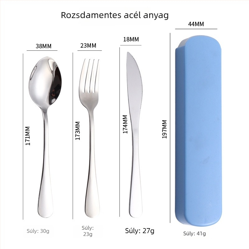 304 rozsdamentes acél étkészlet, nyugati stílusú kés, villa és kanál, három darabos készlet kényelmes tárolóval, diákok számára, logó testreszabható