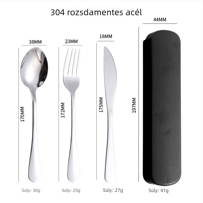 304 rozsdamentes acél étkészlet, nyugati stílusú kés, villa és kanál, három darabos készlet kényelmes tárolóval, diákok számára, logó testreszabható