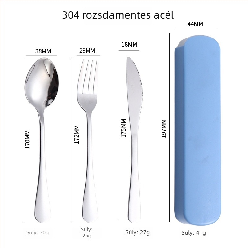 304 rozsdamentes acél étkészlet, nyugati stílusú kés, villa és kanál, három darabos készlet kényelmes tárolóval, diákok számára, logó testreszabható