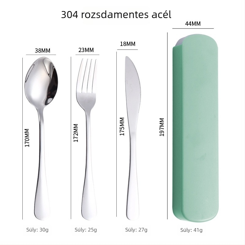 304 rozsdamentes acél étkészlet, nyugati stílusú kés, villa és kanál, három darabos készlet kényelmes tárolóval, diákok számára, logó testreszabható