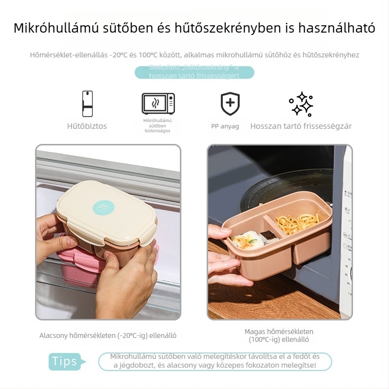 Négyzet alakú ebédes doboz, lezárható és hordozható, mikrohullámú sütőben használható, gyümölcs tárolására