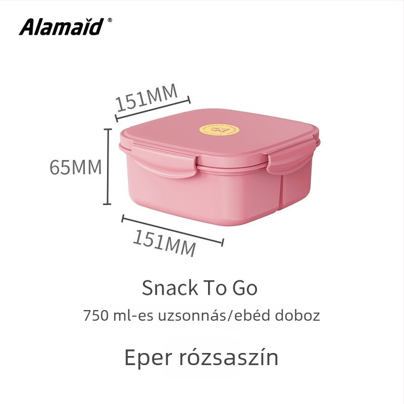 Négyzet alakú ebédes doboz, lezárható és hordozható, mikrohullámú sütőben használható, gyümölcs tárolására