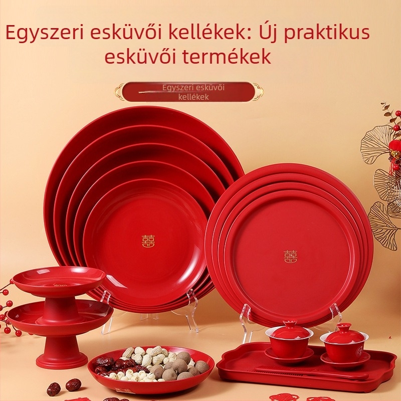 Műanyag gyümölcstál esküvőre piros boldogság szimbólummal, vastagított snacktál ünnepekre és költözésre