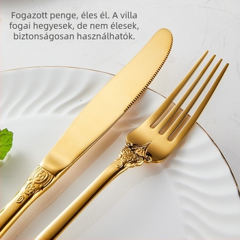 304 rozsdamentes acél étkészlet: steak kés, villa, asztali kanál, desszertkanál; nyugati stílus, elegáns retro dizájn, otthonra vagy hotelbe