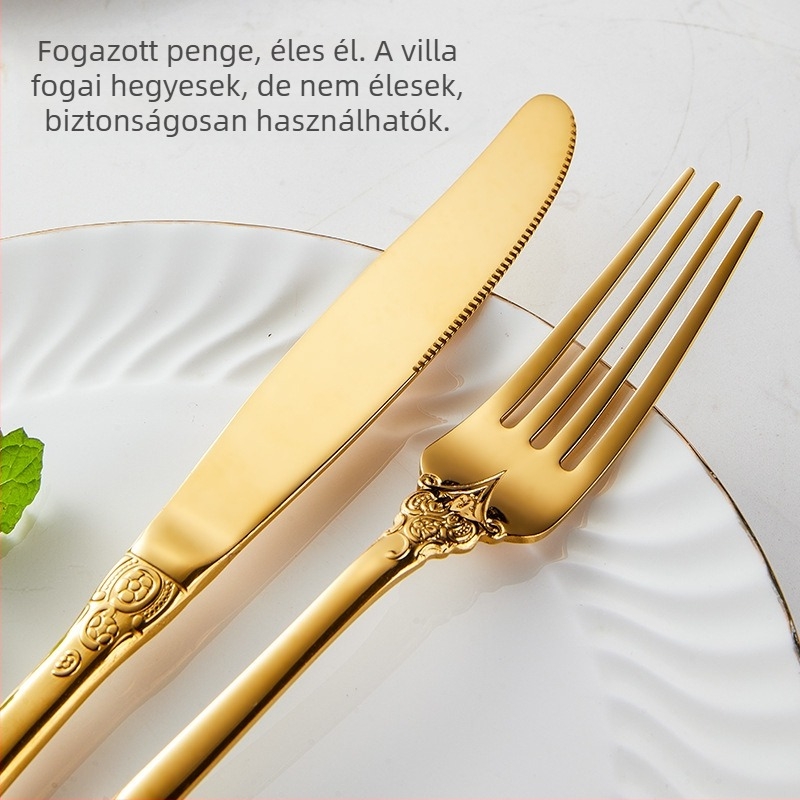 304 rozsdamentes acél étkészlet: steak kés, villa, asztali kanál, desszertkanál; nyugati stílus, elegáns retro dizájn, otthonra vagy hotelbe