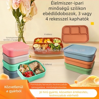 Három rekeszes élelmiszer-minőségű szilikon ebédes doboz, mikrohullámú sütőben használható, hordozható