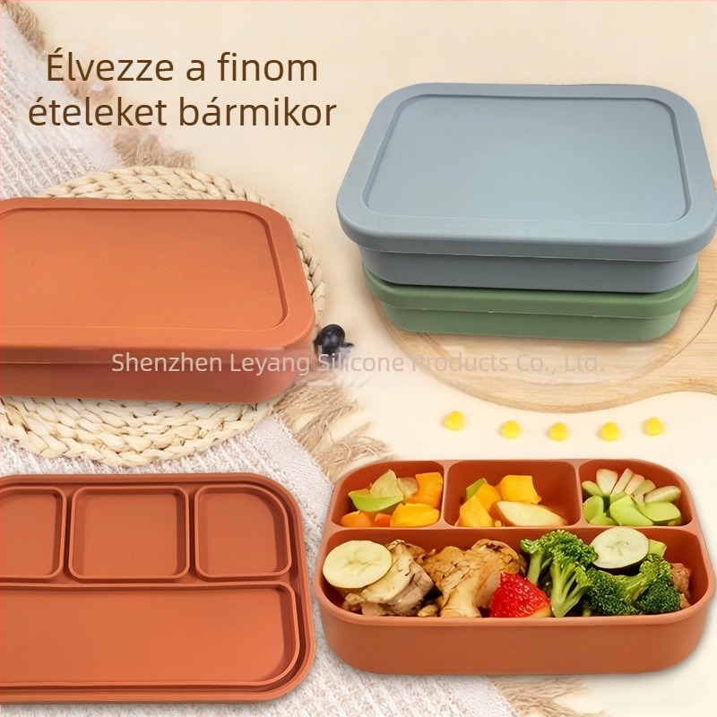 Három rekeszes élelmiszer-minőségű szilikon ebédes doboz, mikrohullámú sütőben használható, hordozható