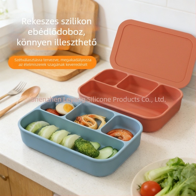 Három rekeszes élelmiszer-minőségű szilikon ebédes doboz, mikrohullámú sütőben használható, hordozható