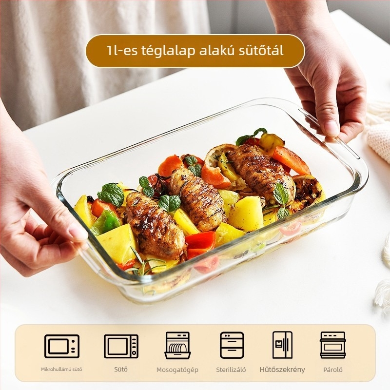 Üveg téglalap alakú sütőedény mikrohullámú sütőhöz, magas hőállóságú, halételekhez