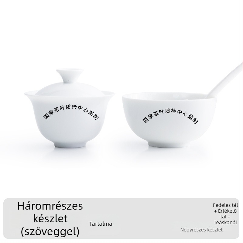 QS-tanúsítványos oolong teás kóstolócsésze fehér porcelán fedéllel, levelek értékelésére és oktatásra; logóval ellátható