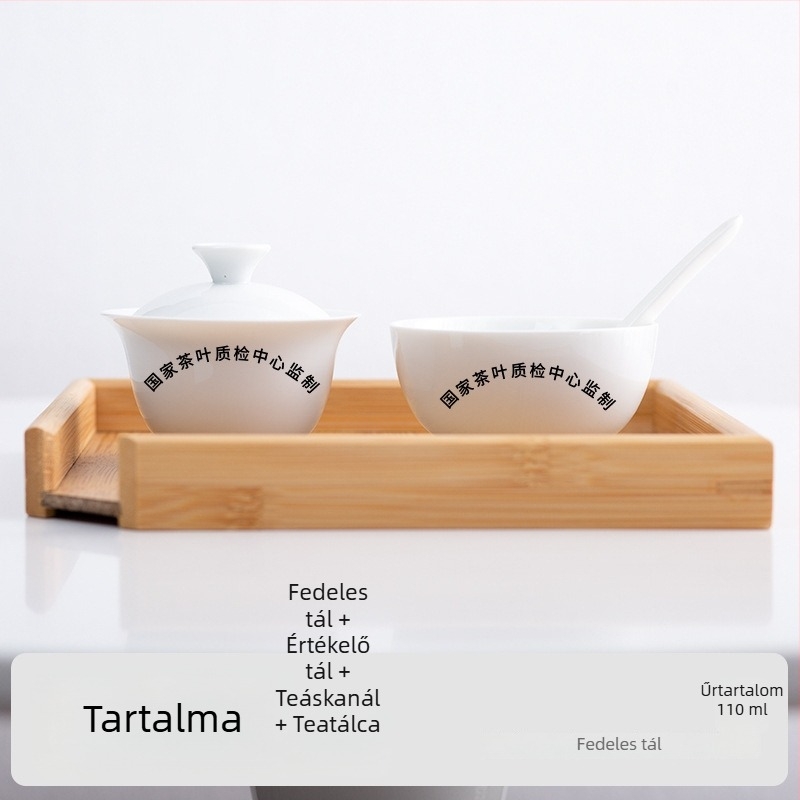 QS-tanúsítványos oolong teás kóstolócsésze fehér porcelán fedéllel, levelek értékelésére és oktatásra; logóval ellátható