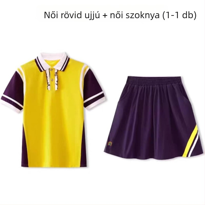 Vékony pamutból készült iskolai uniformis szett, őszre, két rész: rövid ujjú felső és hosszú nadrág, uniszex