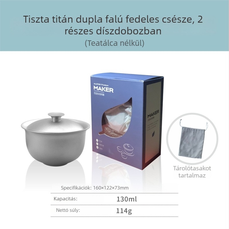 Tiszta titánból készült háromrészes gaiwan teáskészlet dupla falú szigetelt teás pohárral, 130 ml, ajándékdobozt tartalmaz