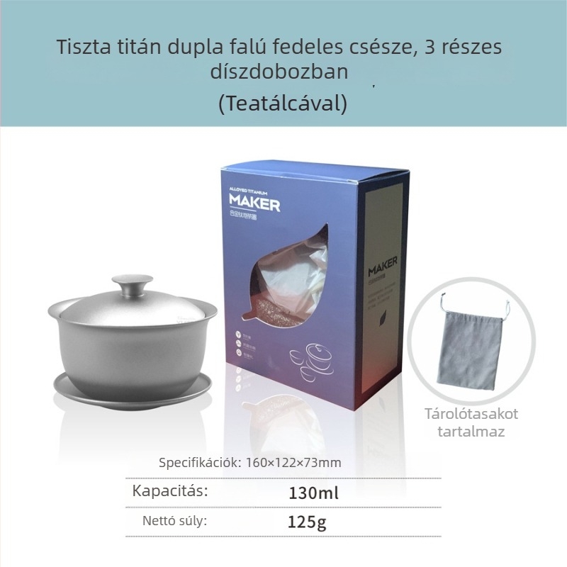 Tiszta titánból készült háromrészes gaiwan teáskészlet dupla falú szigetelt teás pohárral, 130 ml, ajándékdobozt tartalmaz