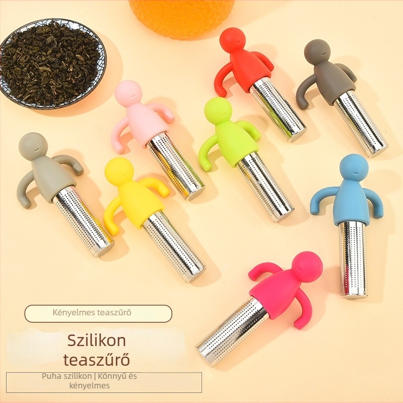 304 rozsdamentes acél és szilikon teás szűrő, figuraképű infúzor, tealevelekhez, irodai használatra
