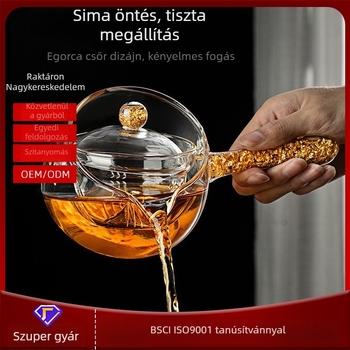 Elegáns teáskanna beépített szűrővel és tea elválasztóval, oldalsó fogantyúval, aranyfóliás fogantyúval, hőálló