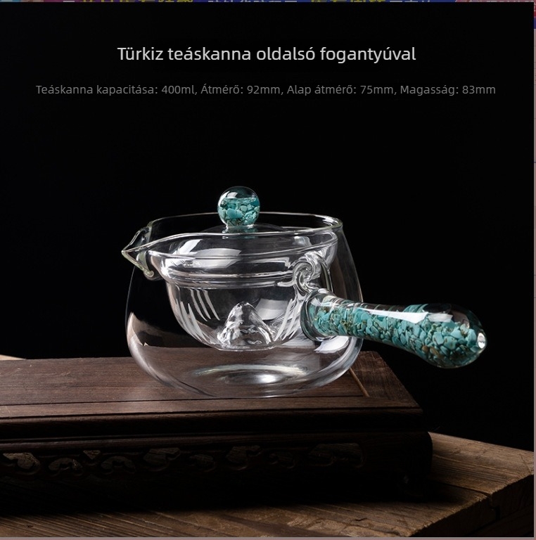 Elegáns teáskanna beépített szűrővel és tea elválasztóval, oldalsó fogantyúval, aranyfóliás fogantyúval, hőálló