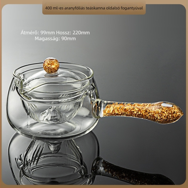 Elegáns teáskanna beépített szűrővel és tea elválasztóval, oldalsó fogantyúval, aranyfóliás fogantyúval, hőálló